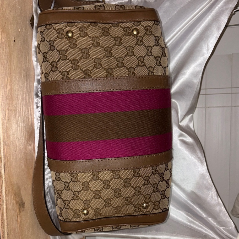 Gucci Beige GG Canvas Top-Handle Bag with Pink & Brown Stripe - Picture 12 of 17